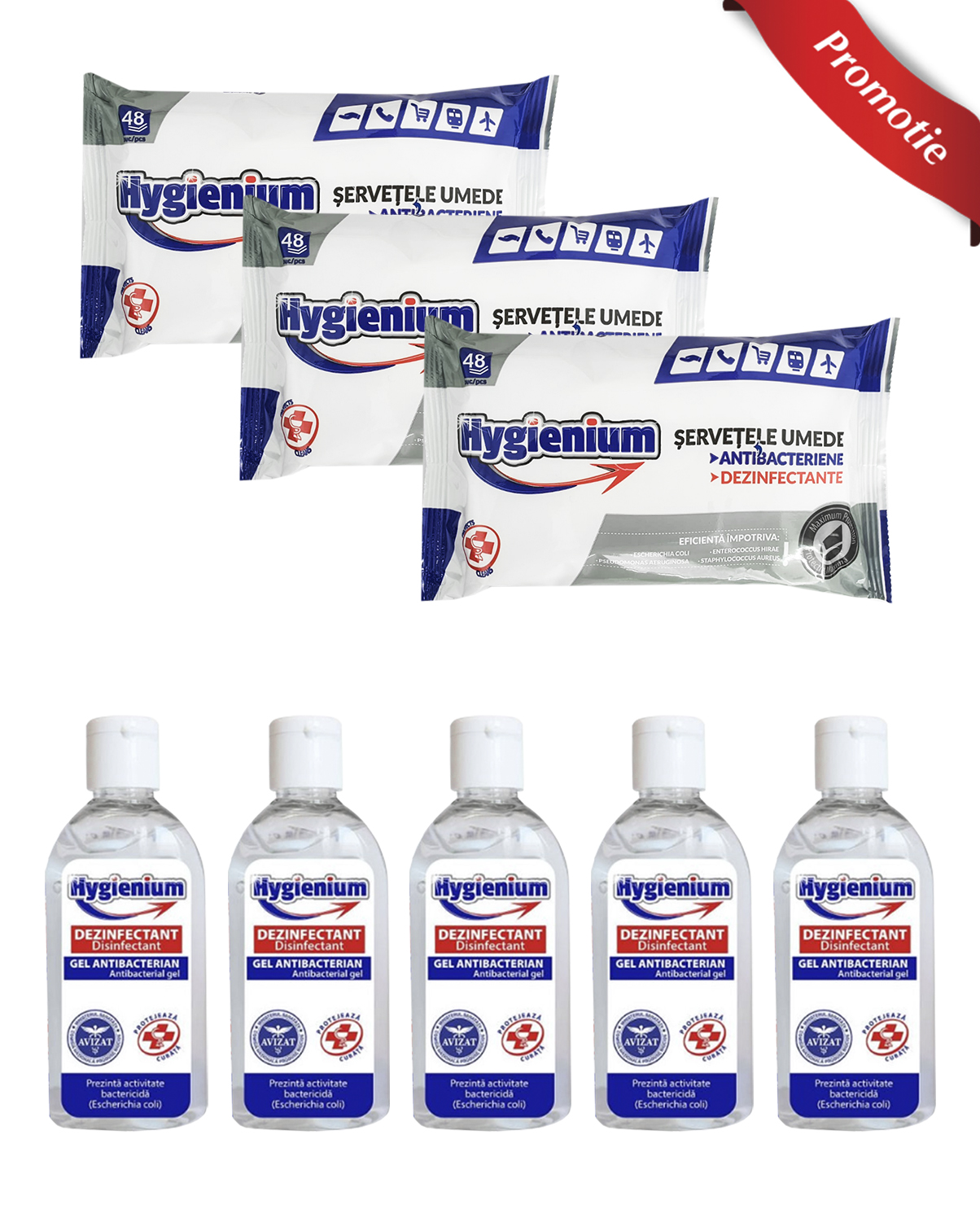 Pachet 5 x gel antibacterian 50ml si 3 x Servetele antibacteriene 48 buc Hygienium